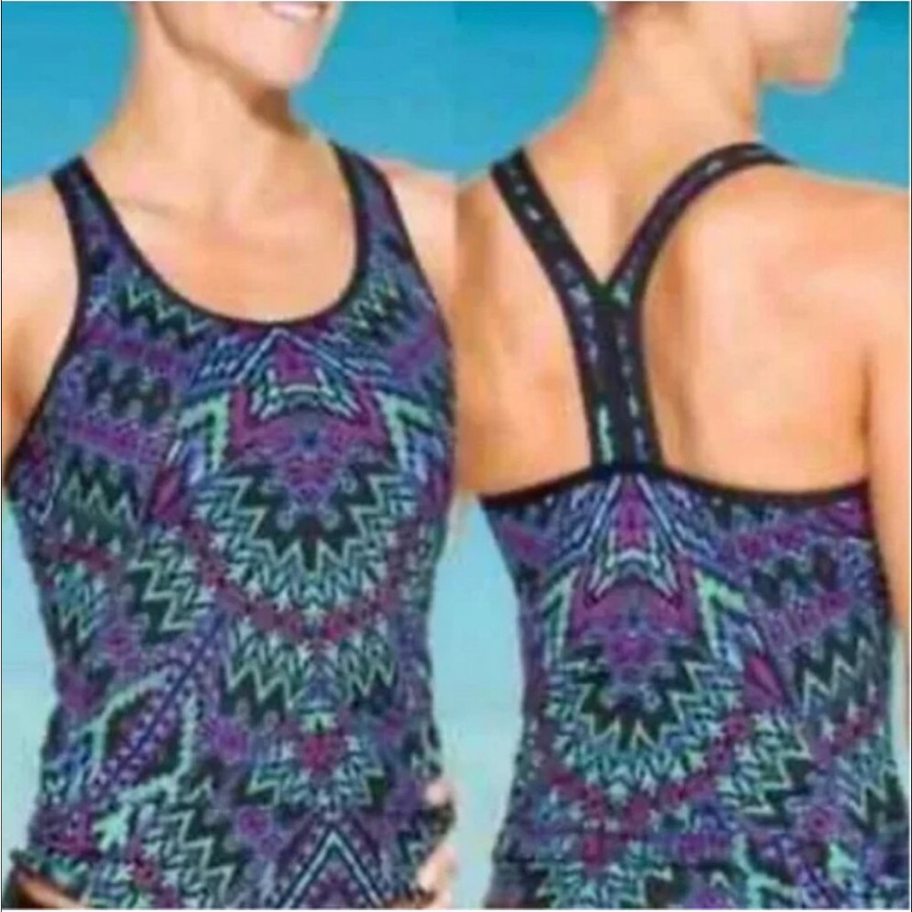 Athleta Cayo Coco Ready To Run Tankini Swim Top-Blue Geometric-Size Small-Sporty - Picture 2 of 6